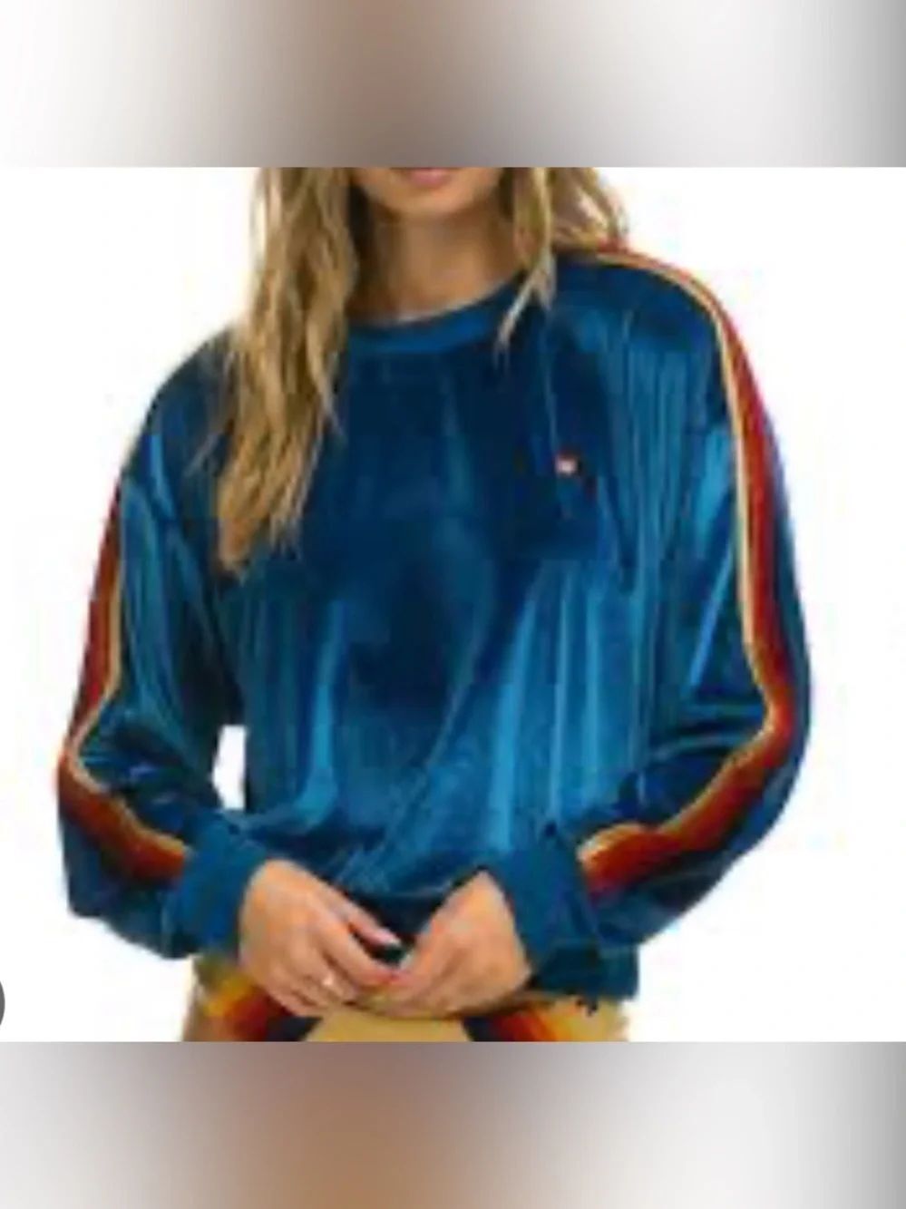 Aviator Nation Dark Green Velvet Crewneck with Red Shoulder Stripes